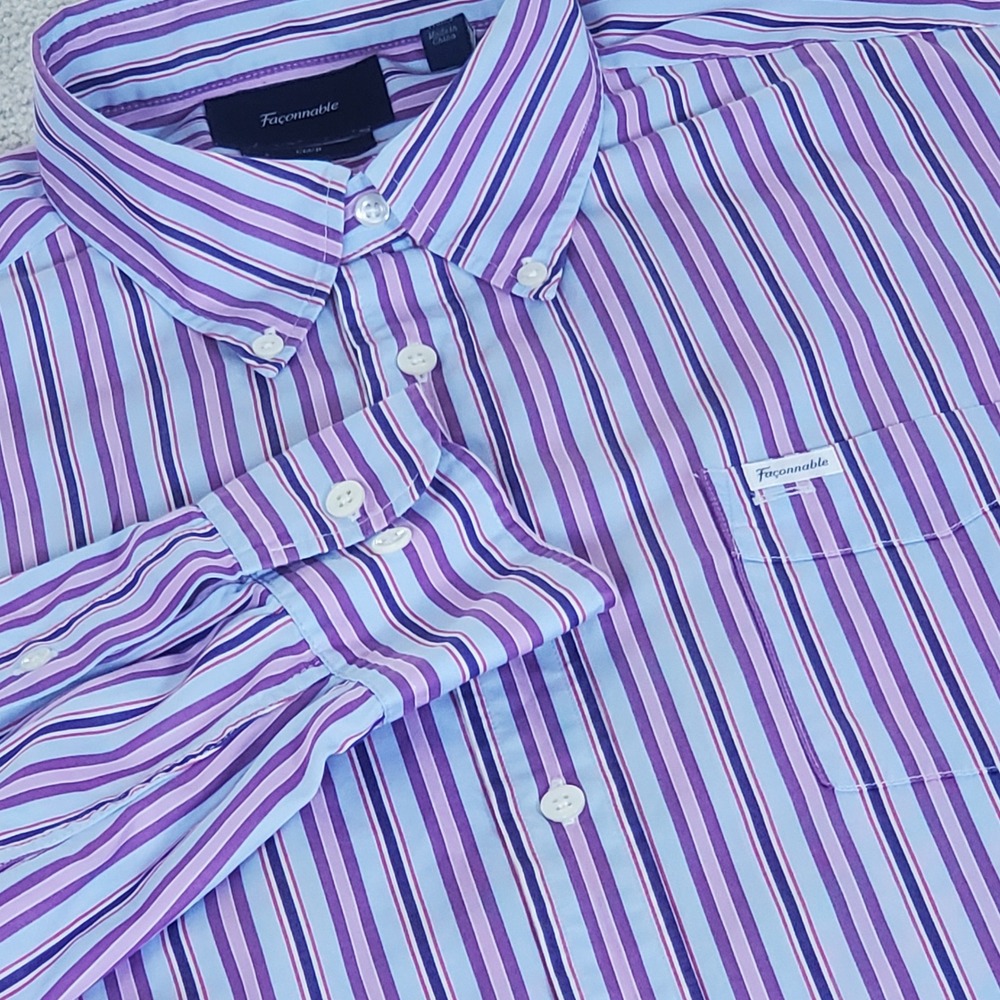 Faconnable Button Down Shirt Men's XL Purple Striped Long Sleeve Club